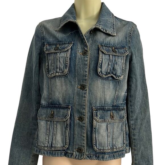 H&M LOGG Women's Denim Jacket Size 6 Distressed Blazer Pockets Utility - Picture 1 of 12